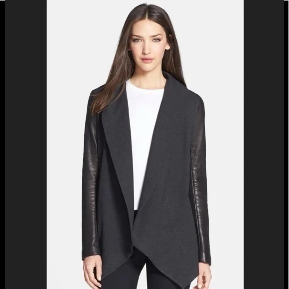 Theory Charcoal Grey Open Drape Jacket Coat with Black Leather Sleeves Size M